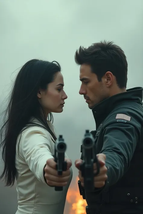  A poster of a warring couple ,  one pointing a gun at the other , they hate each other, And they want to annihilate each other,  behind the scenario is futuristic and apocalyptic . There may be fire ,  a gray sky and smoke .  The woman has long dark hair ...