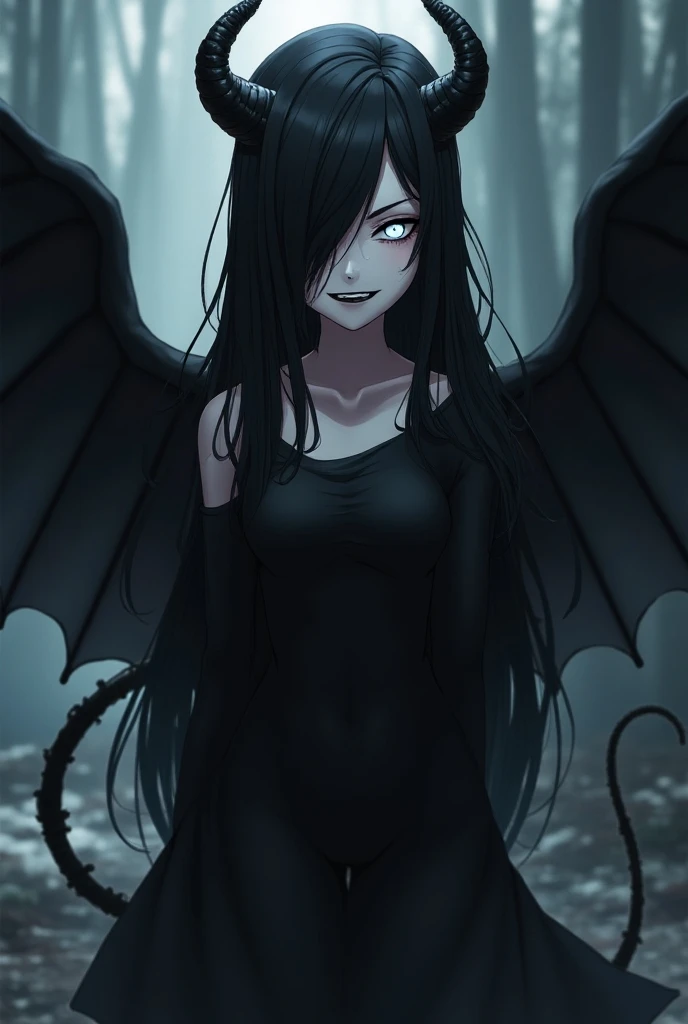 Imajen My Hero Academia girl with pale skin, long black hair with horns and demons tail, one black eye and the other white with a smile and black wings 