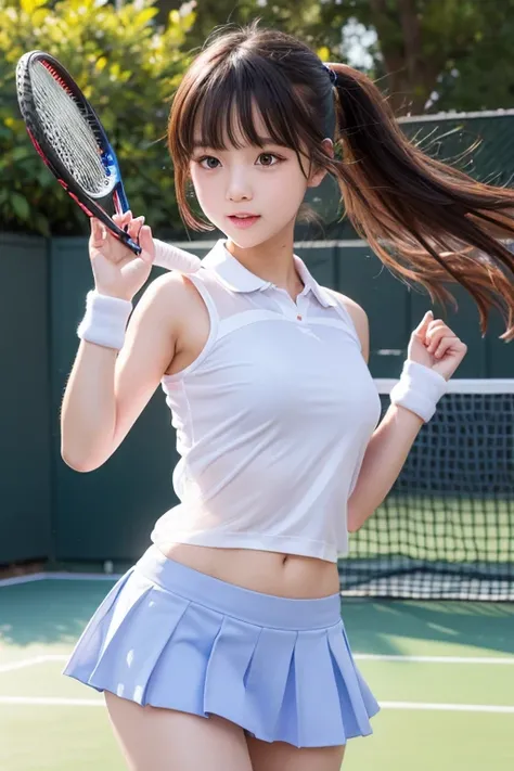  cute girl､High school girl､Idol､ tennis wear､ tennis court ､ miniskirt､ see-through ､Fluttering in the wind