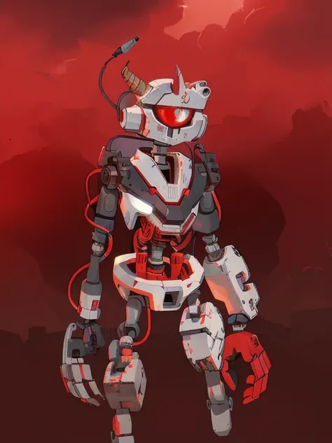  deteriorated robot , dusty ,  destroyed and evil , white, red, a single horn, one eye, cables reds,  visible endoskeleton