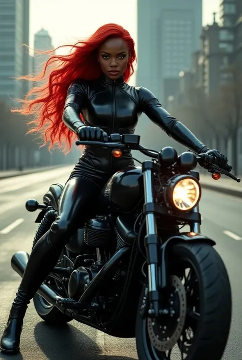 It generates an image of a beautiful black woman with red hair wearing latex clothing on her motorcycle 