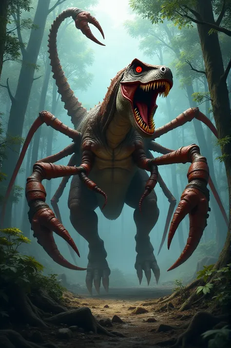 "A terrifying fusion of a T-Rex and a scorpion, standing in a dense, dark forest. The creature has the body of a T-Rex but with large scorpion pincers for arms, a long segmented tail with a sharp stinger, and its face features menacing scorpion-like eyes. ...