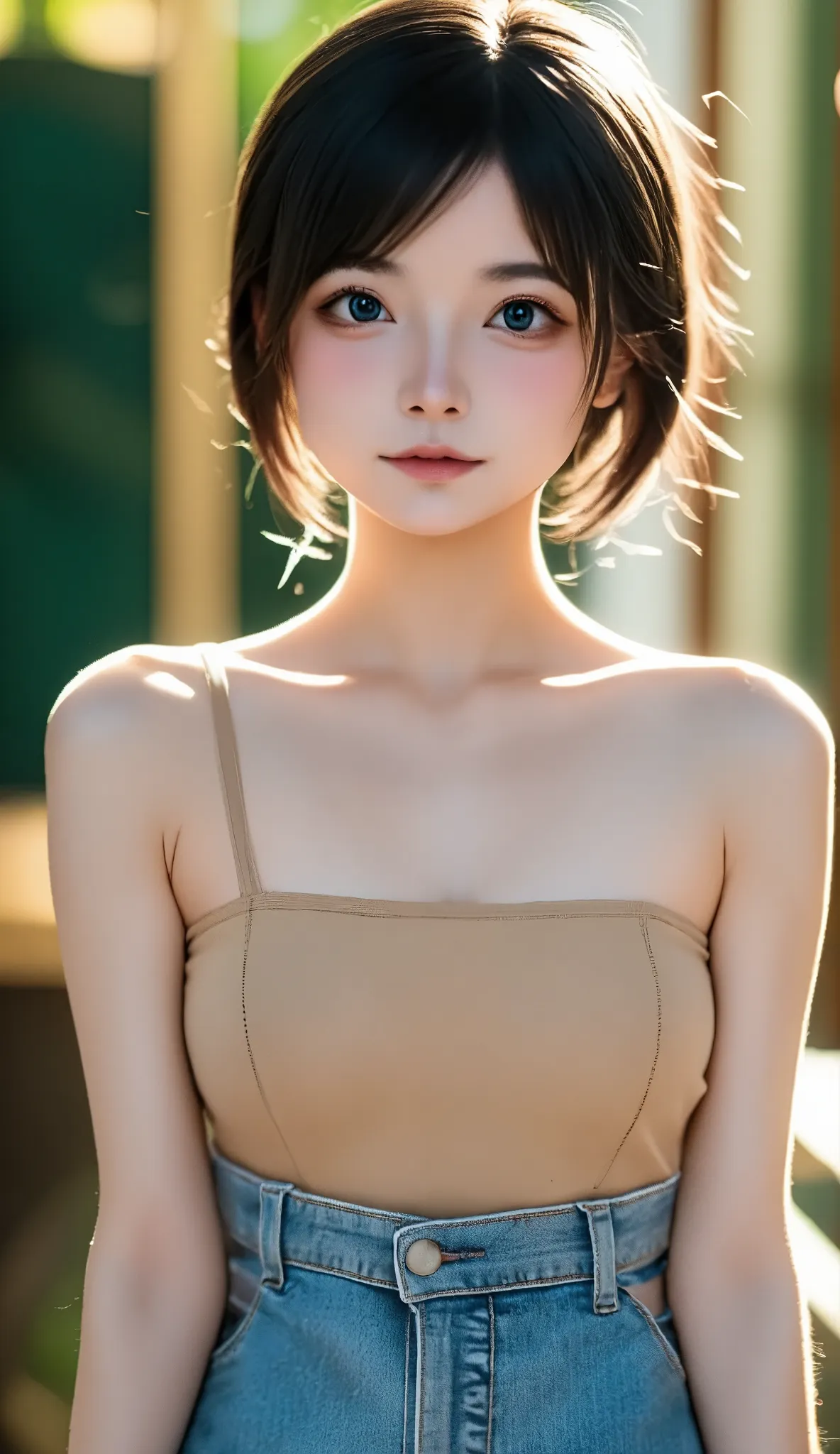  wide hips,  Slim Body , Tight jeans,   Details Faces  , , (masterpiece:1.4, Hi-Res:1.4,High image quality:1.4, 4K)、 cute face、Small Nose、 Black-rimmed round glasses  、 small breasts