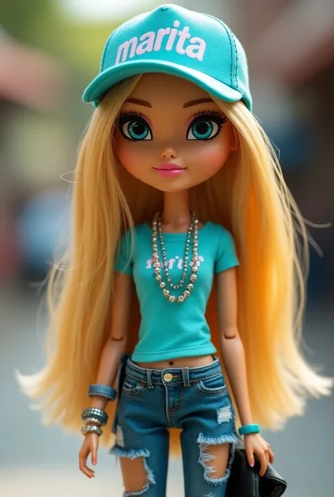 A Bratz doll with long straight blonde hair and light honey-colored skin, wearing a turquoise cap with the word "MARITA" on it and a TURQUOISE t-shirt with her name "MARITA" on it and a bag hanging from her shoulder.
The doll can be seen from the navel up