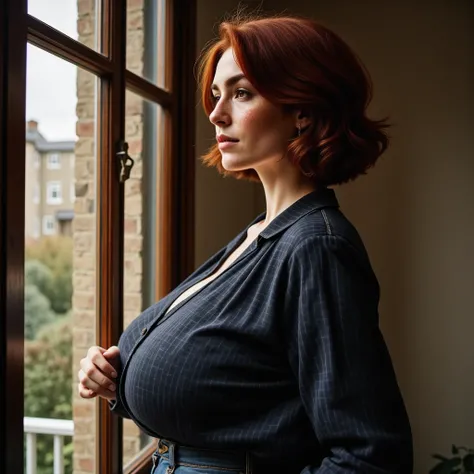 Photorealistic, cinematic style, a sideview picture of a beautiful British woman looking out of the window. Profile angle, silhouette. Shes happy, smiling . Wearing a black blue gingham blouse, busty. jeans. Shes got brown eyes, downturned eye shape, light...