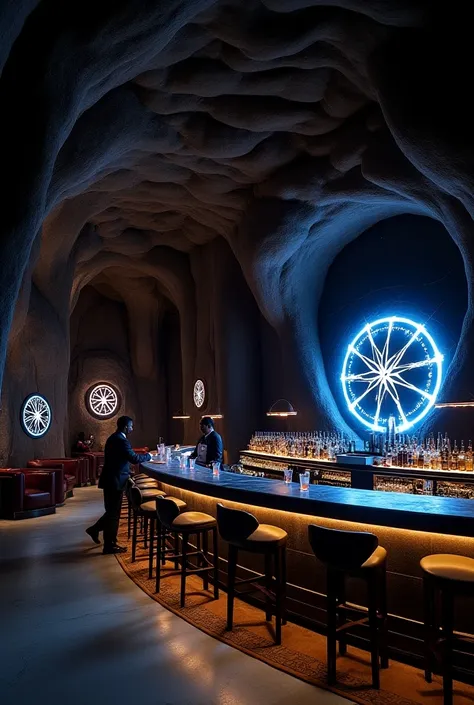 Make me the interior of a bar in the Black Panther Wakanda theme with rocks and a futuristic theme 