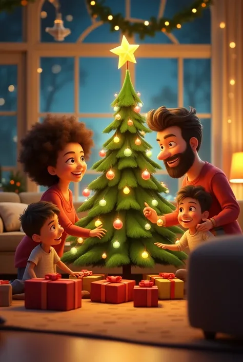 A curly haired woman , A man with a beard,  1 boy s, 1 , Christmas tree, Blink flash , gifts, 3d cartoon