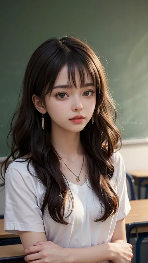 masterpiece, best quality,8k ,brown eyes,black hair,  small girl,small breasts,medium hair, wavy hair,necklace,earrings ,((High school,teacher))