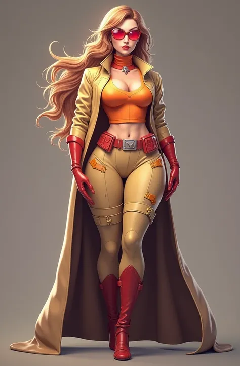 Create woman/  Long brown wavy hair /  Hi Tech red eye glasses/  full body / Big breasts/ orange top/  Yellow leather jacket /  Red leather gloves / Red Hi Tech Belt /wide hips/ yellow pants/  Orange detail / Red long boots/ realistic/ 8k/  high definition...