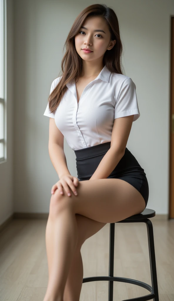 A photography of sexy asian woman 18 years old sitting on the stool. She is wearing Thai university uniform, unbutton small white short sleeve shirt, short black pencil skirt, black underwear .She spread legs to camera.She has big breast 36DD. She has long...