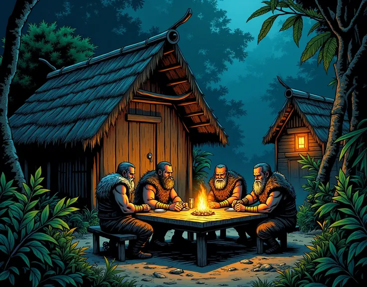 Comics-style image,  image of wooden Viking settlements, 900s , night image, in the amazon jungle. In the background a group of Vikings eating at a wooden table 