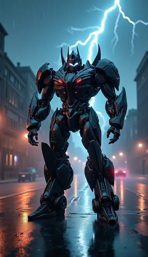 On a deserted street at night, with a dramatic and stormy sky, lightning strikes through the clouds, illuminating the scene. In the center, a Transformer stands in its majestic form, a perfect fusion of a red Bugatti Chiron and a black Lamborghini. The sle...