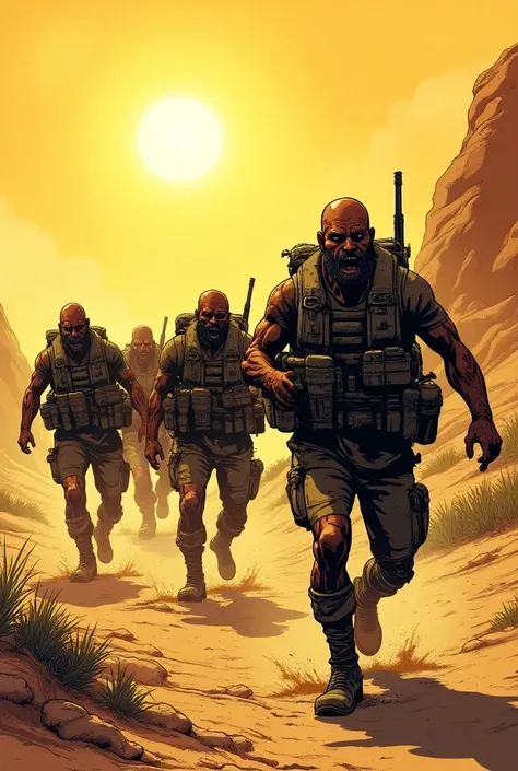 exhausted soldiers ,  covered in dust and sweat in a barren terrain and under the scorching sun, in comic form