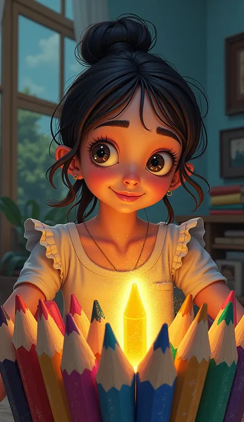 Once upon a time there was a woman called Clara,  that I loved to draw . One day,  she found a box of special colored pencils in her room.  When she opened the box ,  a yellow pencil shone and whispered softly ...

pencil: "Come draw with me ,  that I take...