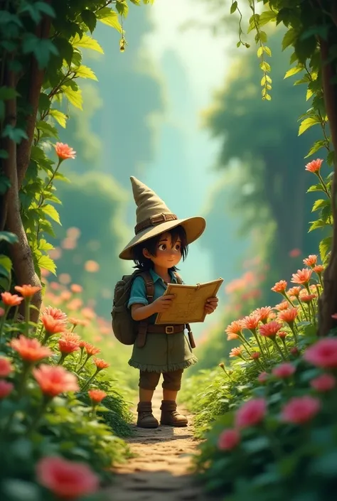 A  around  in an enchanted garden with a map in his hand