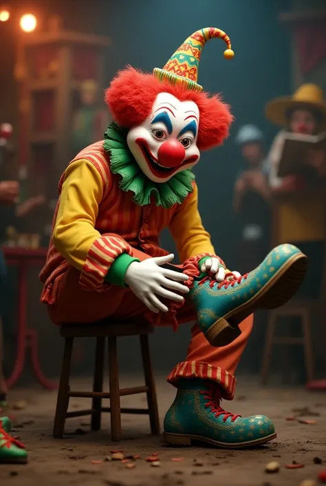 A clown putting on his shoe getting ready to perform at the circus