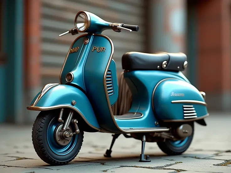 an antique congo .  vespa has a blue body with metallic blue accents, creating an interesting contrast.