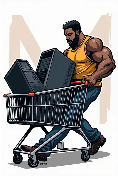 The logo of a store has a shopping cart with computers inside and a black man dragging it with the letter M