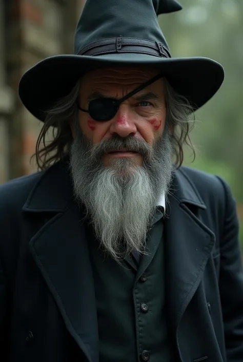  r has a scarred face ,  that testifies to many fights ,  and wears an eye patch over his left eye .  His right eye is a magical ,  that can rotate 360 degrees and is able to , Things to see ,  that others cannot see .  Moody has a disheveled ,  gray beard...