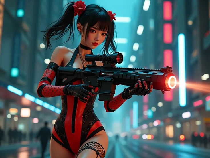 (photorealistic, large-breast ),((((looking at camera)))),a beautiful girl, beautiful korea face, wear pink leather bikini , wielding an enormous gatling gun, Character: dual-colored hair, (random twintails), red flower accessories,Outfit: black and red dr...