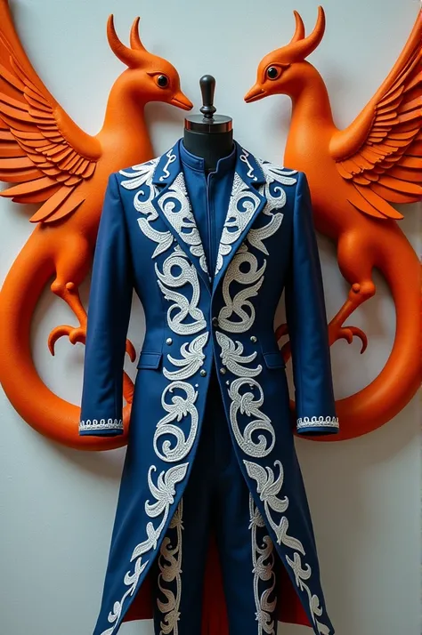  A Bolivian caporal suit that is white tornadolado and dark blue, which has two orange phoenixes on the wall  