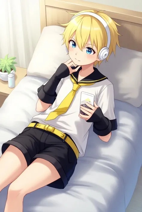 Kagamine Len, 1boy, white shirt, sailor collar, yellow tie, black shorts, black warmers, yellow belt, blonde hair, wearing white headphones, blue eyes, on bed, watching phone