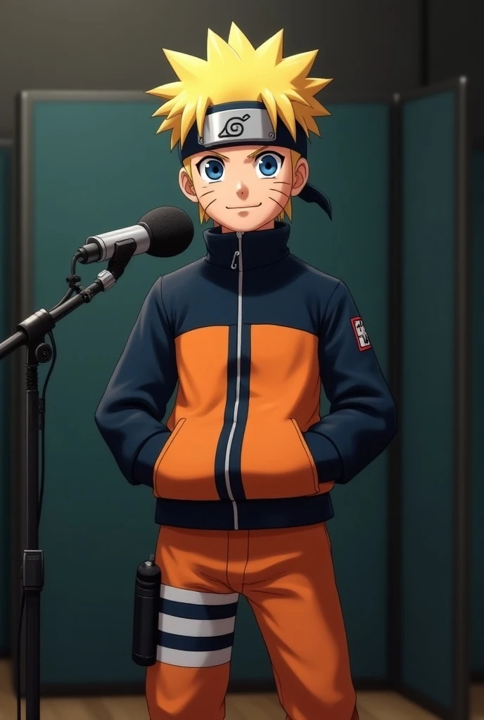 "Naruto, a young, energetic ninja with spiky blond hair and blue eyes, standing confidently at a podcast microphone on a stand. He has distinct whisker-like marks on his cheeks, which add to his playful and determined look. Naruto wears an orange and dark ...