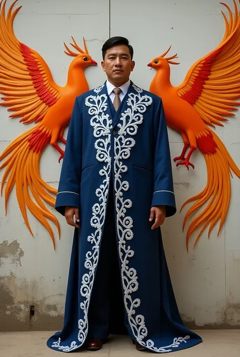  A Bolivian caporal suit that is white tornadolado and dark blue, which has two orange phoenixes on the wall  