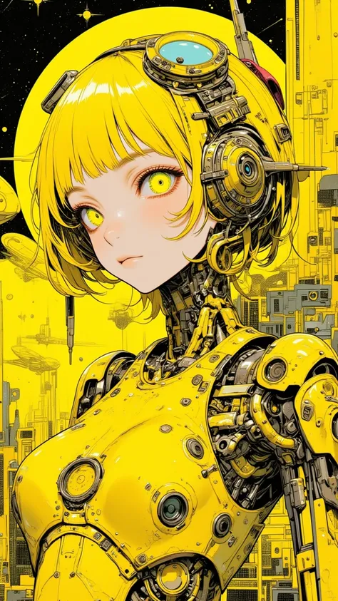 ((best quality)), ((masterpiece)), (detailed), perfect face of cyberpunk mecha japanese girl, neon yellow eyes, neon yellow body, neon yellow hair, ((monochromatic neon yellow color palette)), surreal, art nouveau, in the illustrative style of moebius, spa...