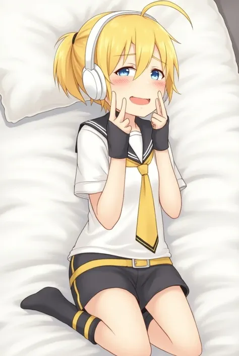 Kagamine Len, 1boy, white shirt, sailor collar, yellow tie, black shorts, black warmers, yellow belt, blonde hair, wearing white headphones, blue eyes, on bed, blushing, flustered, sweating, eyes rolled back, ahegao