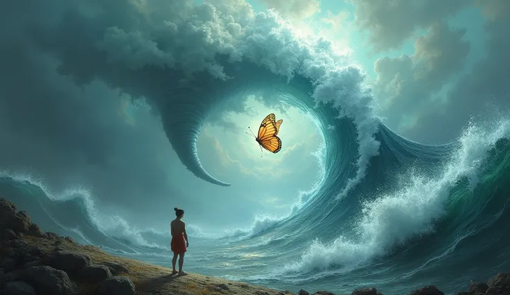 A symbolic image, with the butterfly generating waves or reactions that eventually end in a tornado.