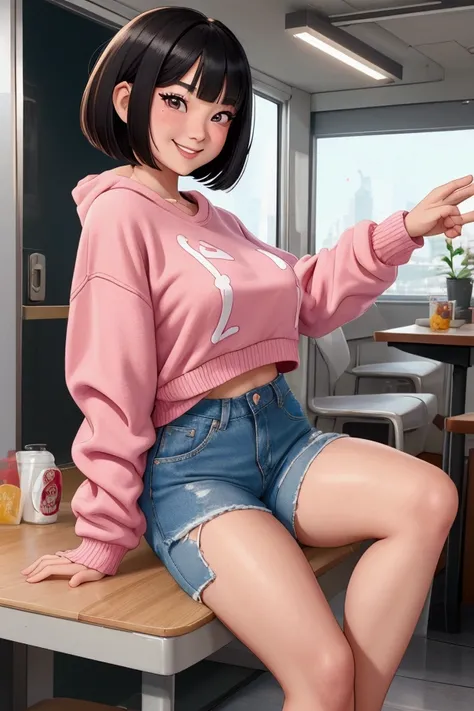 Occupation: College studentAppearance: Petite Asian girl with a cute bob haircut; Round, youthful face; Mischievous, almond-shaped eyes; Soft, rosy lips curved in a cheeky smileClothing: Oversized pink sweater with text prints; Ripped denim shorts showing ...