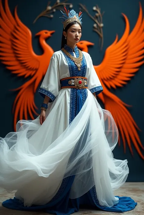 A Bolivian caporal costume for women that is white tornadolado and dark blue, which has two orange phoenixes on the wall  