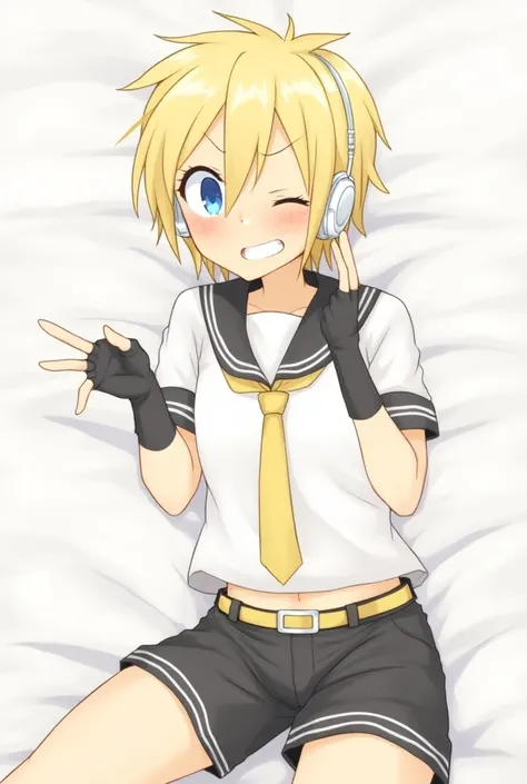 Kagamine Len, 1boy, white shirt, sailor collar, yellow tie, black shorts, black warmers, yellow belt, blonde hair, wearing white headphones, blue eyes, on bed, blushing, flustered, sweating, eyes rolled back, ahegao