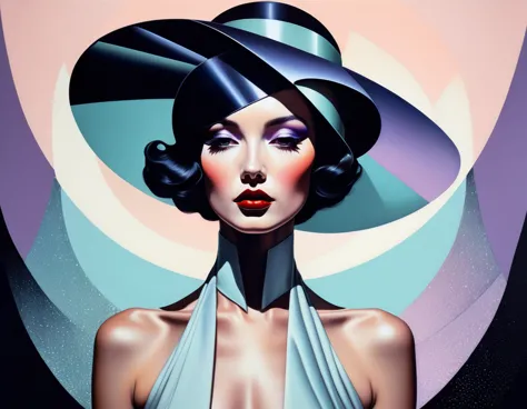 chiaroscuro technique on sensual illustration of an elegant woman, art deco design，fashion clothing，streamline moderne，abstracti...