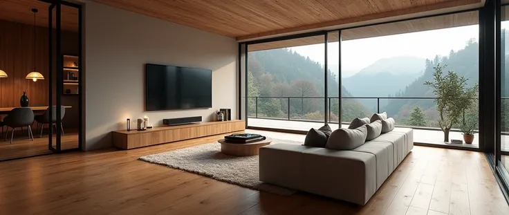 a large 85-inch tv mounted on the wall, a big sectional sofa that can be used as a bed, 1 samoyed dog, wooden parquet flooring, large glass windows with a beautiful view, a game corner separated by glass doors, cozy and comfortable living room