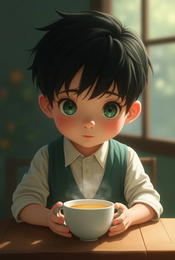 Boy with pale tea, short black hair and emerald green eyes 