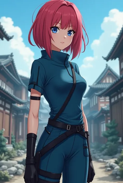  A girl from the Naruto universe .  Has short red hair up to her chin ,  blue eyes and fair skin ,  besides being a young adult , At 19 years old .  She wears blue clothes with black parts and accessories. She has medium breasts. No hair accessories or ear...