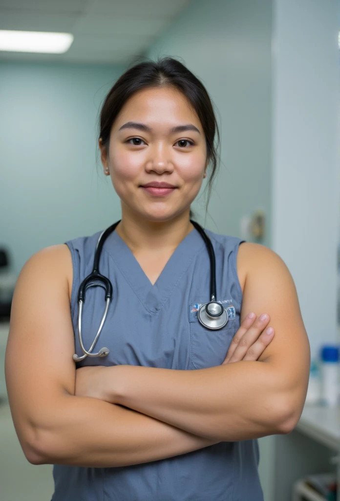 beautiful athletic early 40s asian female doctor wearing sleeveless scrubs with stethescope around neck in medical exam room. Thick upper arms. Photograph