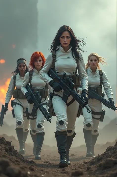 A movie poster .  behind the scenario is futuristic and apocalyptic . There may be fire ,  a gray sky and smoke .  Theres a group of warrior women marching .  The woman who leads the group has long dark hair ,  white skin and a rounded nose ,  she wears a ...