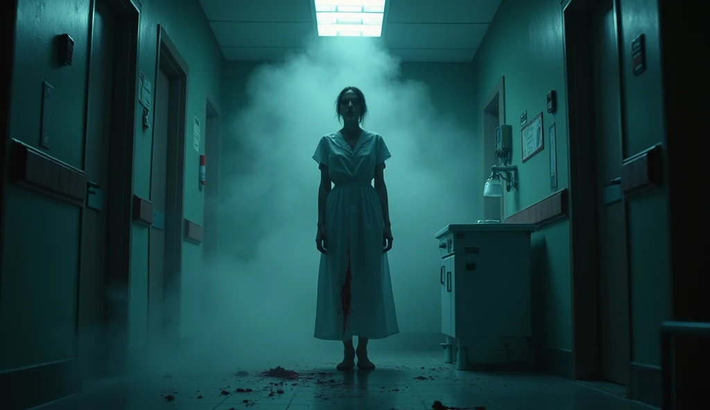  A figure of a nurse with an expression of dread looking into a dark operating room .  The image shows a cold glow illuminating a diffuse figure wearing a bloody gown and empty eyes.  The atmosphere must be bleak and charged with tension , with shades of b...