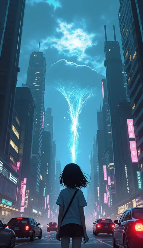  Create an image of a girl looking at a beautiful landscape in a dark city,  where there are several cars and people like a cyberpunk vibe Japanese anime version. Make it very detailed looking magically at the city 