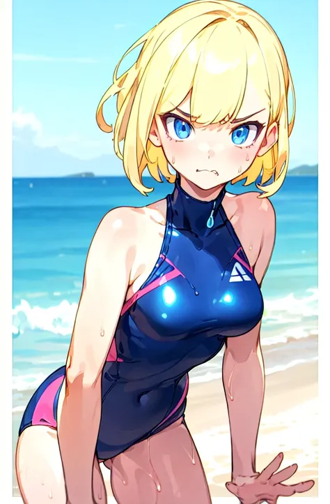    1 girl,    blanking as desired   ,    blonde short cut   ,    blue eyes, dark pink and dark blue two-tone pearl metallic competitive swimsuit, stylish adult woman with very small breasts ,  ahe face,   T-back  , Awkward, Frowning ,   blanking as desire ...