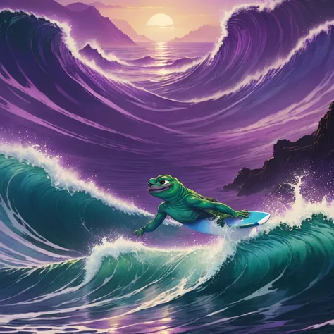 Pepe the Frog character surfs on giant ocean waves, Photorealistic, in purple tones