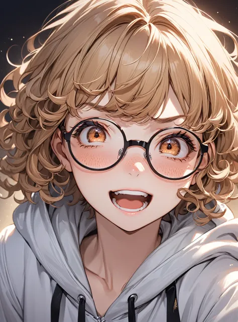 (Masterpiece:1.2), ultradetailed face, portrait, open mouth, freckles, nerdy girl, ((hoody)), detailed shading, skinny, round glasses, (dynamic pose:1.4), ((disgusted face)), young woman, angry eyes, (curly hair), ((braces)), smile, ((light brown hair)), p...