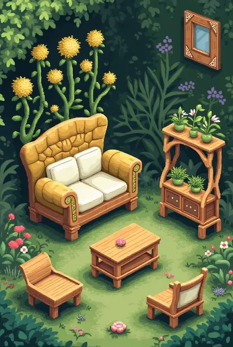 Make pixel art furniture in top-down perspective,  As if a plant were to make furniture 