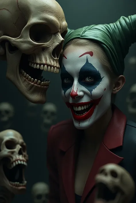 Harley Quinn and a skull face surrounded by skulls, portrait of Joker, grotesque Harley Quinn, portrait of Harley Quinn,   Dan Mumford & Peter Morbacher  , portrait of a Harley Quinn, remarkable Joker makeup,  scary detailed art in color ,  Peter Moorbache...