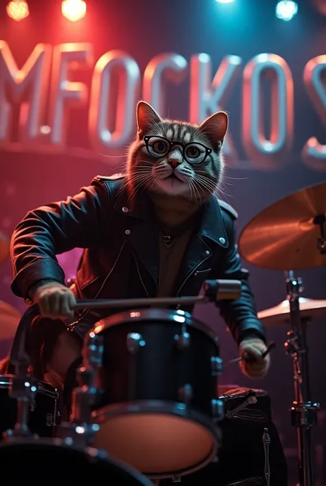 Drummer cat with leather jacket and glasses playing live at a concert and in the background say mofockos with metallic letters 