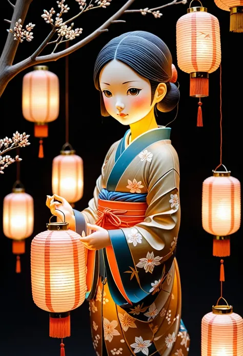 Floating Lanterns, Lantern, a girl, by Yoshitomo Nara.
best quality, masterpiece, intricate details, ultra-detailed