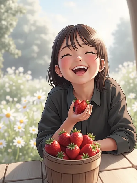 Laughs while eating delicious strawberries